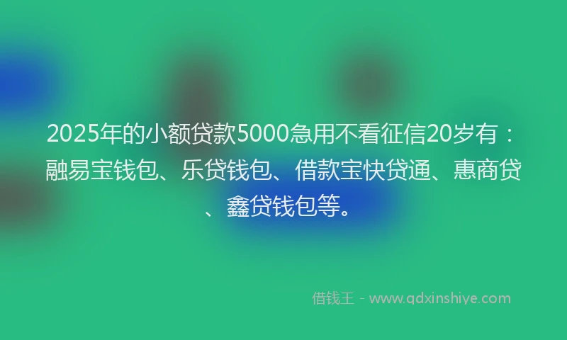 2025年的小额贷款5000急用不看征信20岁有：融易宝钱包、乐贷钱包、借款宝快贷通、惠商贷、鑫贷钱包等。