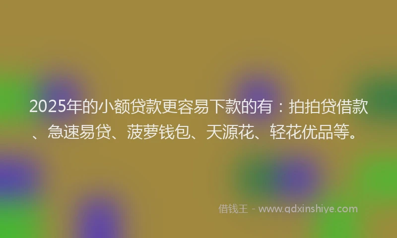2025年的小额贷款更容易下款的有：拍拍贷借款、急速易贷、菠萝钱包、天源花、轻花优品等。