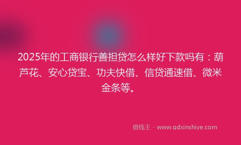 2025年的工商银行善担贷怎么样好下款吗有：葫芦花、安心贷宝、功夫快借、信贷通速借、微米金条等。