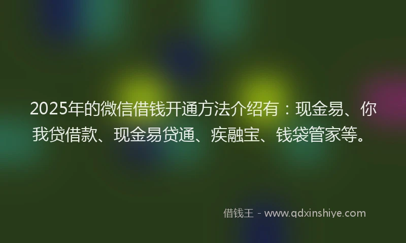 2025年的微信借钱开通方法介绍有：现金易、你我贷借款、现金易贷通、疾融宝、钱袋管家等。