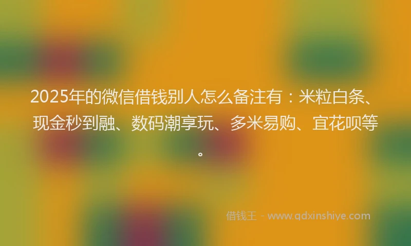 2025年的微信借钱别人怎么备注有：米粒白条、现金秒到融、数码潮享玩、多米易购、宜花呗等。