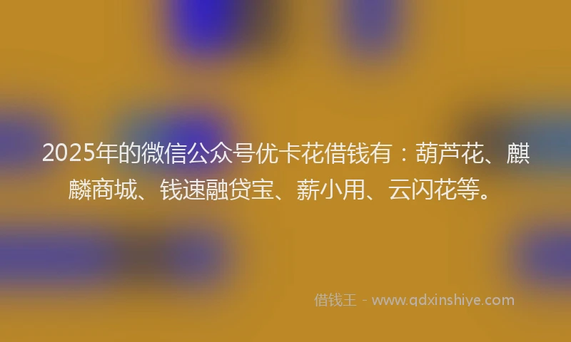 2025年的微信公众号优卡花借钱有：葫芦花、麒麟商城、钱速融贷宝、薪小用、云闪花等。