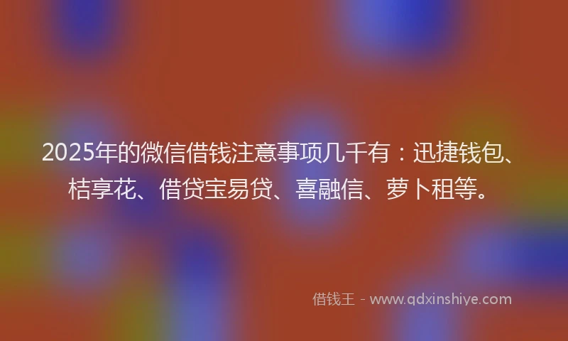 2025年的微信借钱注意事项几千有：迅捷钱包、桔享花、借贷宝易贷、喜融信、萝卜租等。