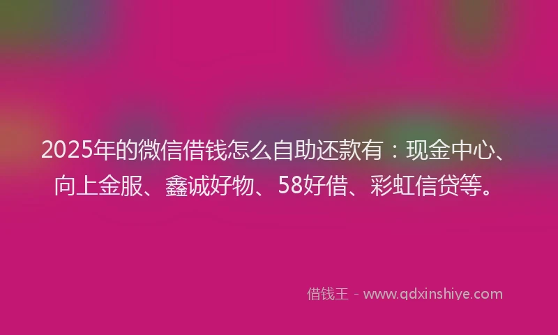 2025年的微信借钱怎么自助还款有：现金中心、向上金服、鑫诚好物、58好借、彩虹信贷等。