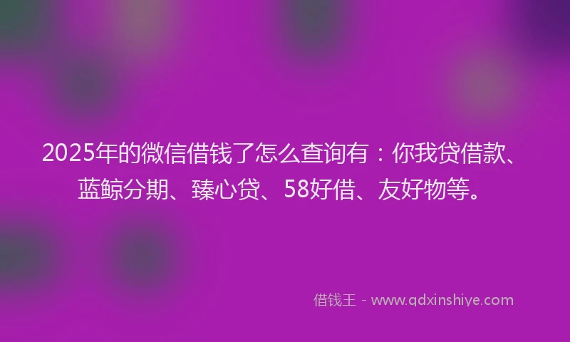 2025年的微信借钱了怎么查询有：你我贷借款、蓝鲸分期、臻心贷、58好借、友好物等。