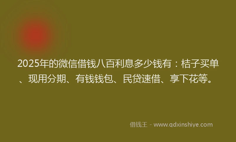 2025年的微信借钱八百利息多少钱有：桔子买单、现用分期、有钱钱包、民贷速借、享下花等。