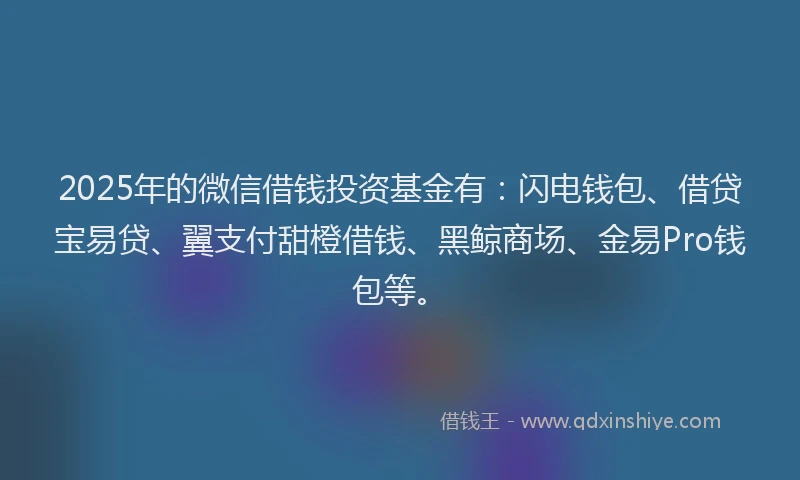 2025年的微信借钱投资基金有：闪电钱包、借贷宝易贷、翼支付甜橙借钱、黑鲸商场、金易Pro钱包等。