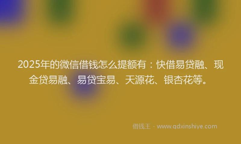 2025年的微信借钱怎么提额有：快借易贷融、现金贷易融、易贷宝易、天源花、银杏花等。