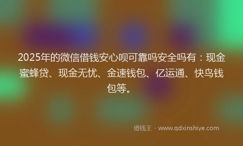 2025年的微信借钱安心呗可靠吗安全吗有：现金蜜蜂贷、现金无忧、金速钱包、亿运通、快鸟钱包等。