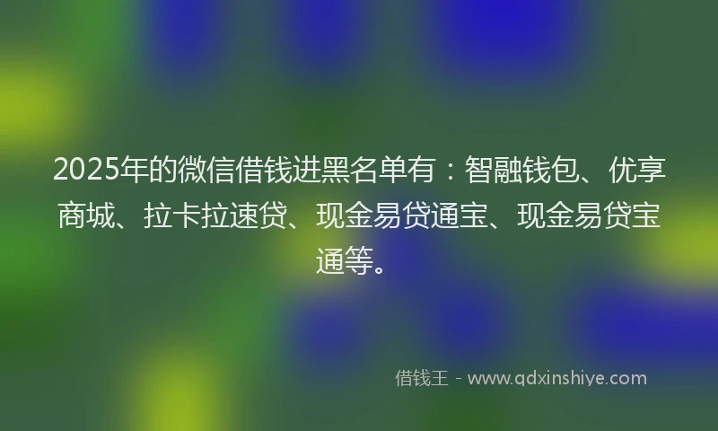 2025年的微信借钱进黑名单有：智融钱包、优享商城、拉卡拉速贷、现金易贷通宝、现金易贷宝通等。