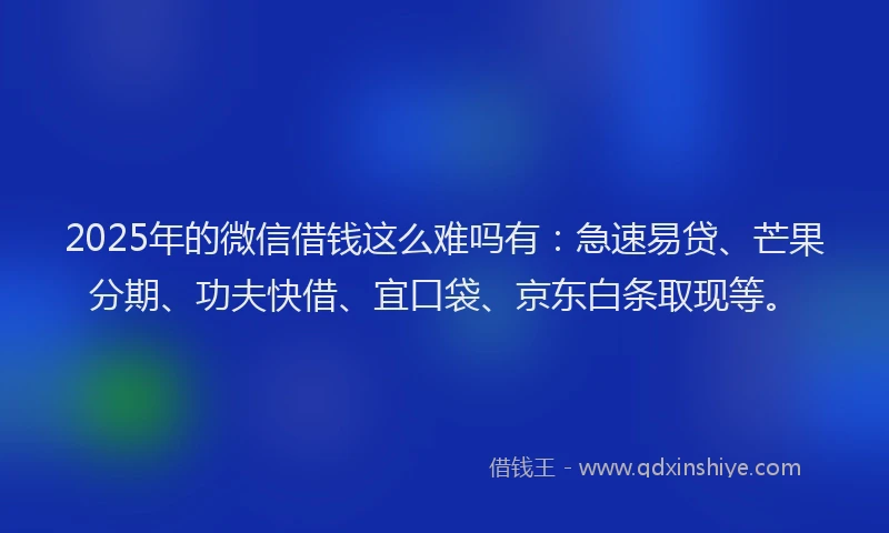 2025年的微信借钱这么难吗有：急速易贷、芒果分期、功夫快借、宜口袋、京东白条取现等。