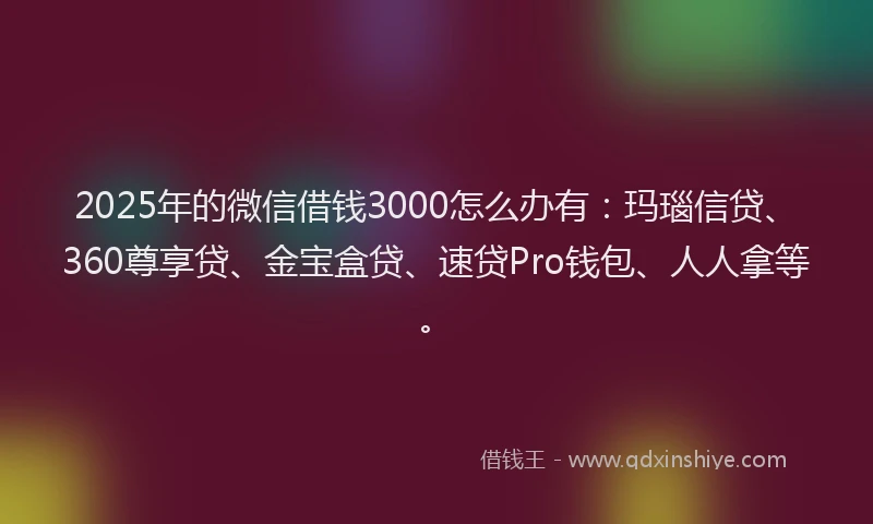 2025年的微信借钱3000怎么办有：玛瑙信贷、360尊享贷、金宝盒贷、速贷Pro钱包、人人拿等。