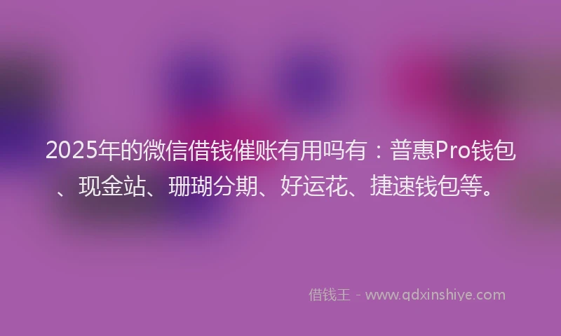 2025年的微信借钱催账有用吗有：普惠Pro钱包、现金站、珊瑚分期、好运花、捷速钱包等。