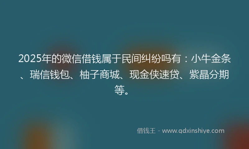 2025年的微信借钱属于民间纠纷吗有：小牛金条、瑞信钱包、柚子商城、现金侠速贷、紫晶分期等。