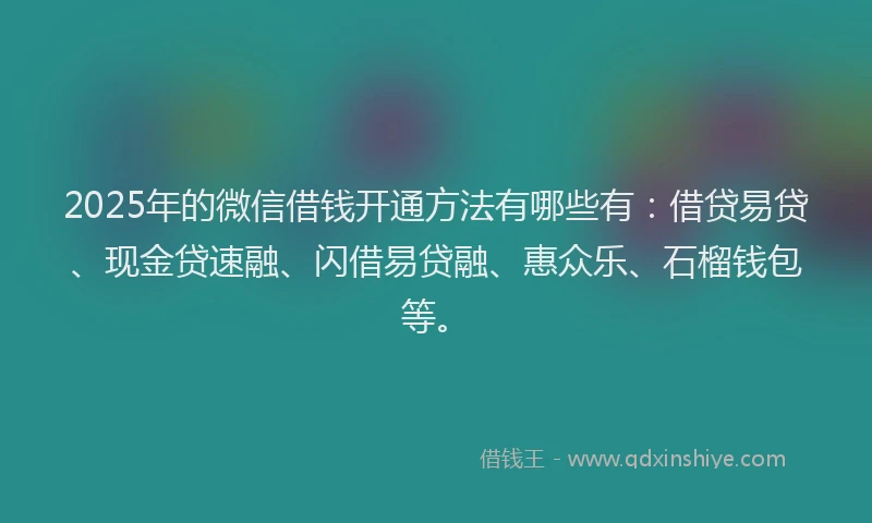 2025年的微信借钱开通方法有哪些有：借贷易贷、现金贷速融、闪借易贷融、惠众乐、石榴钱包等。
