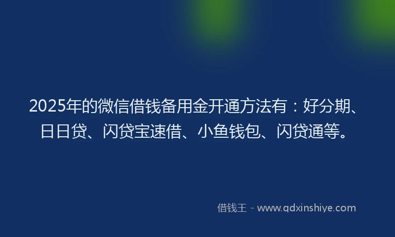 2025年的微信借钱备用金开通方法有：好分期、日日贷、闪贷宝速借、小鱼钱包、闪贷通等。