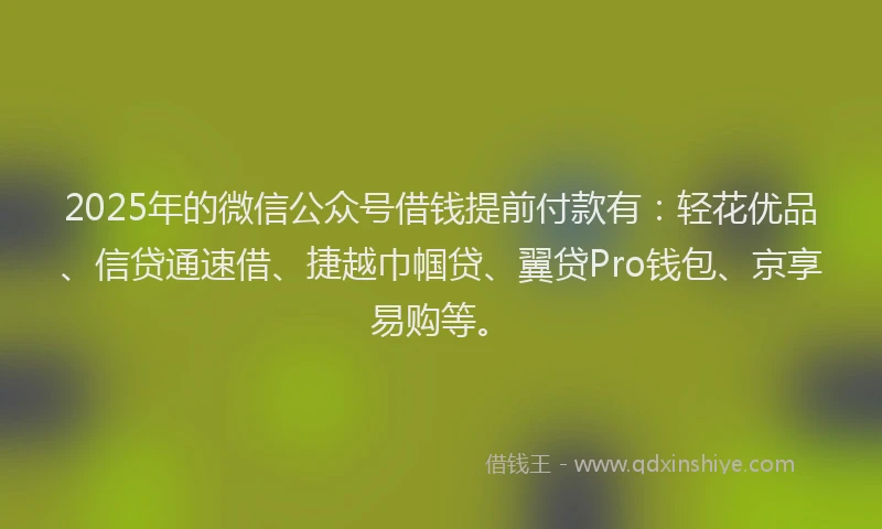 2025年的微信公众号借钱提前付款有：轻花优品、信贷通速借、捷越巾帼贷、翼贷Pro钱包、京享易购等。
