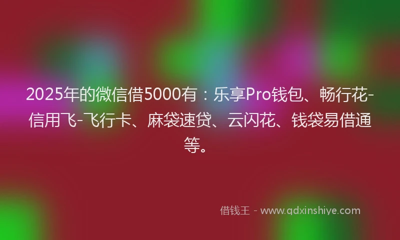 2025年的微信借5000有：乐享Pro钱包、畅行花-信用飞-飞行卡、麻袋速贷、云闪花、钱袋易借通等。
