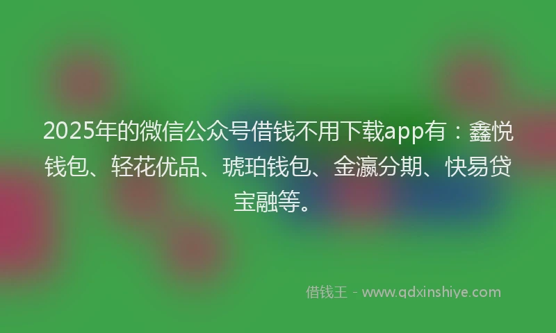 2025年的微信公众号借钱不用下载app有：鑫悦钱包、轻花优品、琥珀钱包、金瀛分期、快易贷宝融等。