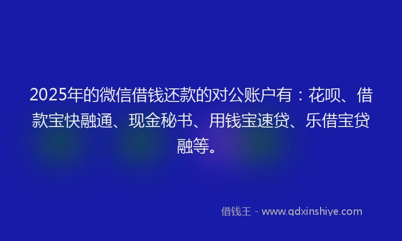 2025年的微信借钱还款的对公账户有：花呗、借款宝快融通、现金秘书、用钱宝速贷、乐借宝贷融等。