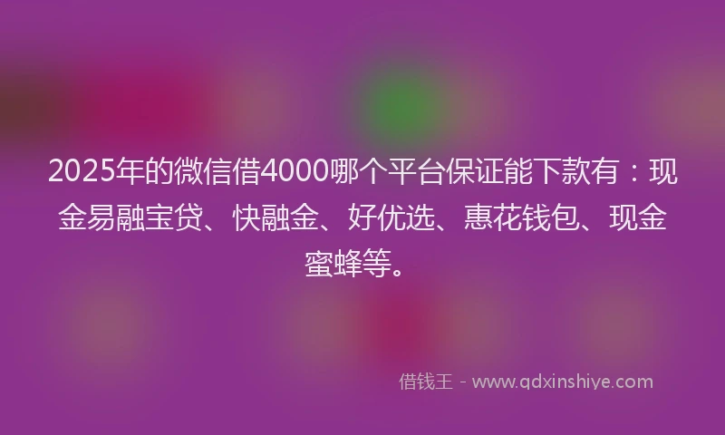 2025年的微信借4000哪个平台保证能下款有：现金易融宝贷、快融金、好优选、惠花钱包、现金蜜蜂等。