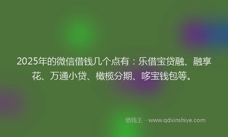 2025年的微信借钱几个点有：乐借宝贷融、融享花、万通小贷、橄榄分期、哆宝钱包等。