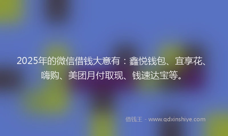 2025年的微信借钱大意有：鑫悦钱包、宜享花、嗨购、美团月付取现、钱速达宝等。