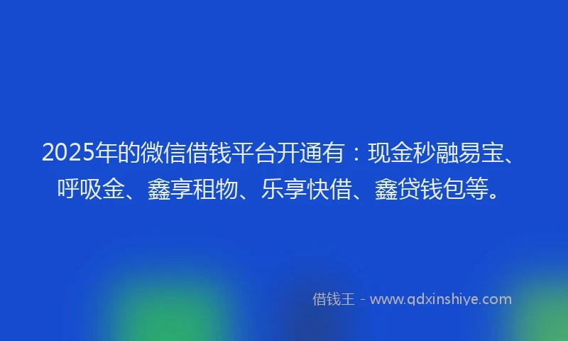 2025年的微信借钱平台开通有：现金秒融易宝、呼吸金、鑫享租物、乐享快借、鑫贷钱包等。