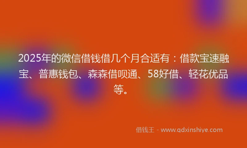 2025年的微信借钱借几个月合适有：借款宝速融宝、普惠钱包、森森借呗通、58好借、轻花优品等。