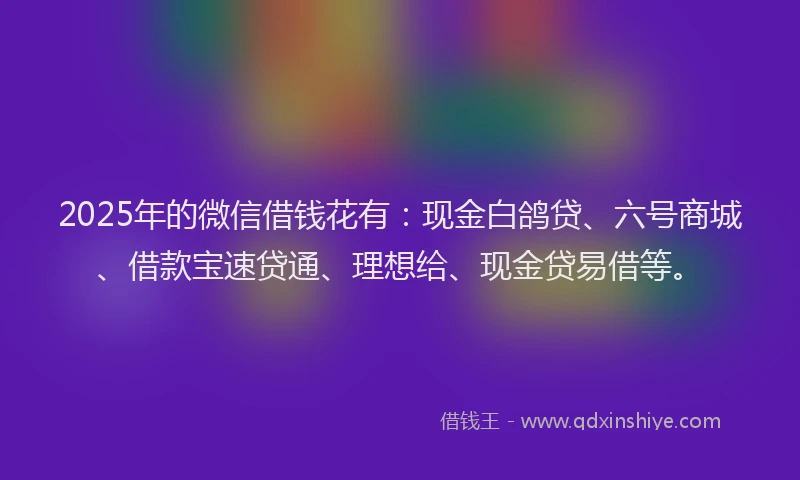 2025年的微信借钱花有：现金白鸽贷、六号商城、借款宝速贷通、理想给、现金贷易借等。