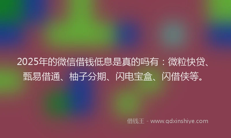 2025年的微信借钱低息是真的吗有：微粒快贷、甄易借通、柚子分期、闪电宝盒、闪借侠等。