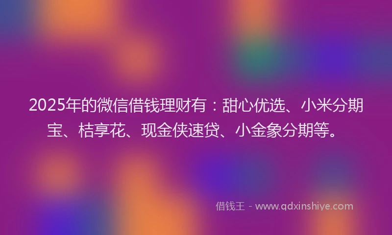 2025年的微信借钱理财有：甜心优选、小米分期宝、桔享花、现金侠速贷、小金象分期等。