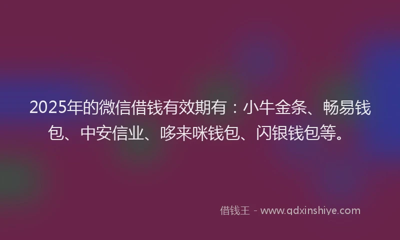 2025年的微信借钱有效期有：小牛金条、畅易钱包、中安信业、哆来咪钱包、闪银钱包等。