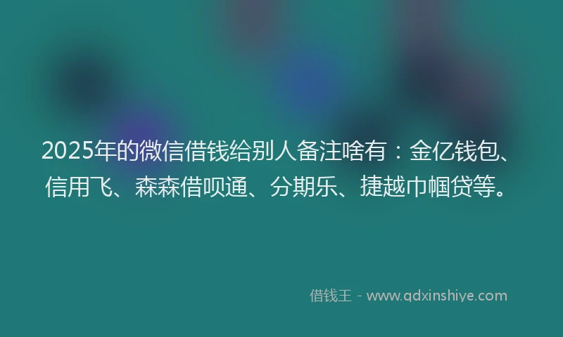 2025年的微信借钱给别人备注啥有：金亿钱包、信用飞、森森借呗通、分期乐、捷越巾帼贷等。