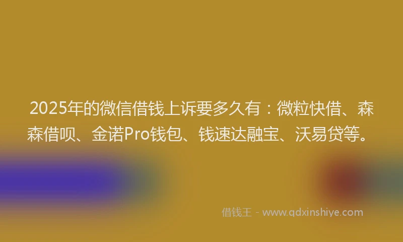 2025年的微信借钱上诉要多久有：微粒快借、森森借呗、金诺Pro钱包、钱速达融宝、沃易贷等。