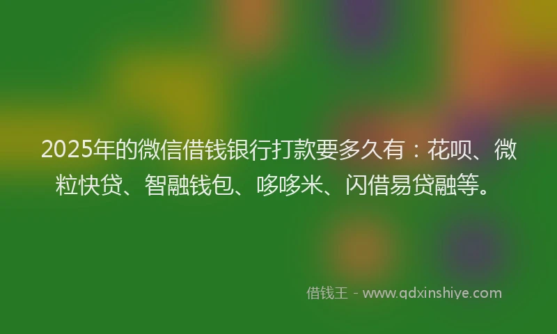 2025年的微信借钱银行打款要多久有：花呗、微粒快贷、智融钱包、哆哆米、闪借易贷融等。