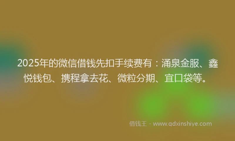 2025年的微信借钱先扣手续费有：涌泉金服、鑫悦钱包、携程拿去花、微粒分期、宜口袋等。