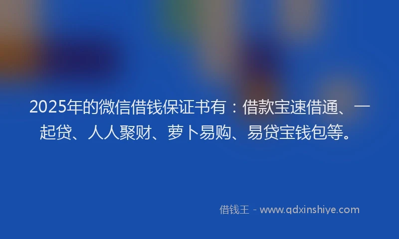 2025年的微信借钱保证书有：借款宝速借通、一起贷、人人聚财、萝卜易购、易贷宝钱包等。