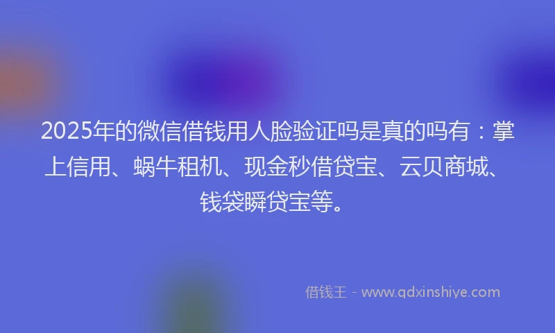 2025年的微信借钱用人脸验证吗是真的吗有：掌上信用、蜗牛租机、现金秒借贷宝、云贝商城、钱袋瞬贷宝等。