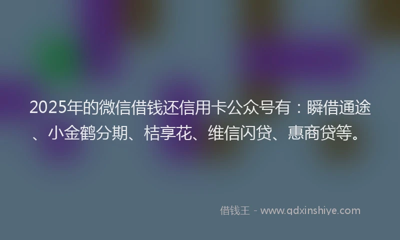 2025年的微信借钱还信用卡公众号有：瞬借通途、小金鹤分期、桔享花、维信闪贷、惠商贷等。