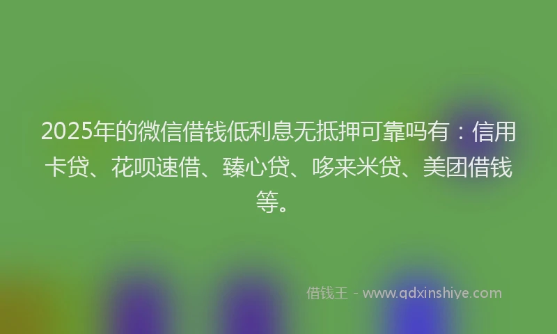 2025年的微信借钱低利息无抵押可靠吗有：信用卡贷、花呗速借、臻心贷、哆来米贷、美团借钱等。