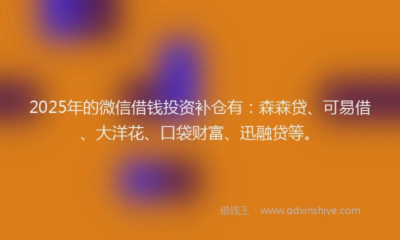 2025年的微信借钱投资补仓有：森森贷、可易借、大洋花、口袋财富、迅融贷等。