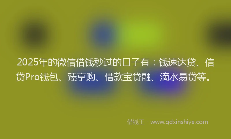 2025年的微信借钱秒过的口子有：钱速达贷、信贷Pro钱包、臻享购、借款宝贷融、滴水易贷等。