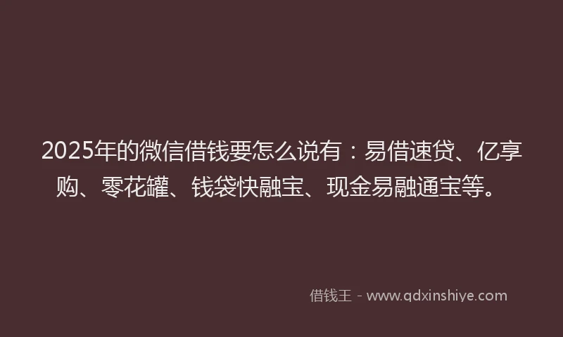 2025年的微信借钱要怎么说有：易借速贷、亿享购、零花罐、钱袋快融宝、现金易融通宝等。
