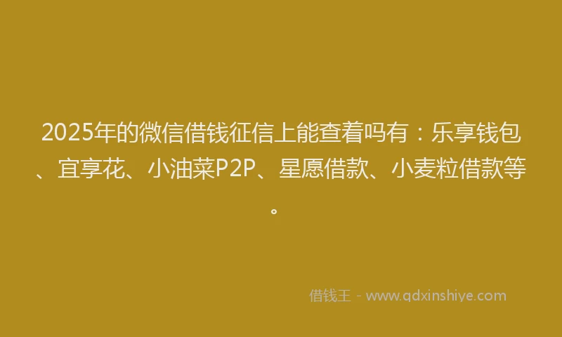 2025年的微信借钱征信上能查着吗有：乐享钱包、宜享花、小油菜P2P、星愿借款、小麦粒借款等。