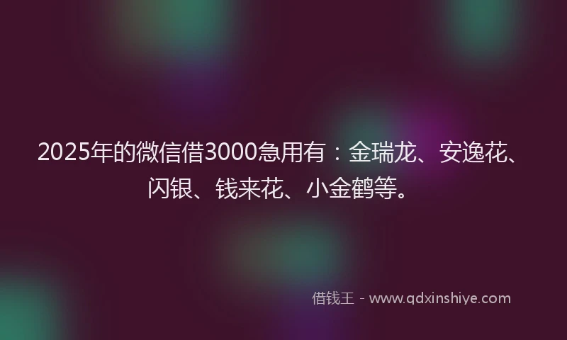 2025年的微信借3000急用有：金瑞龙、安逸花、闪银、钱来花、小金鹤等。