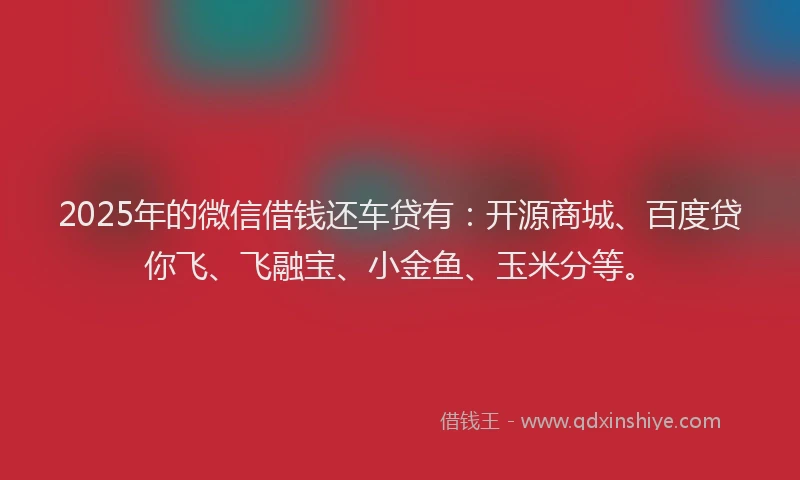 2025年的微信借钱还车贷有：开源商城、百度贷你飞、飞融宝、小金鱼、玉米分等。