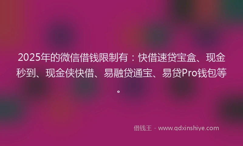2025年的微信借钱限制有：快借速贷宝盒、现金秒到、现金侠快借、易融贷通宝、易贷Pro钱包等。