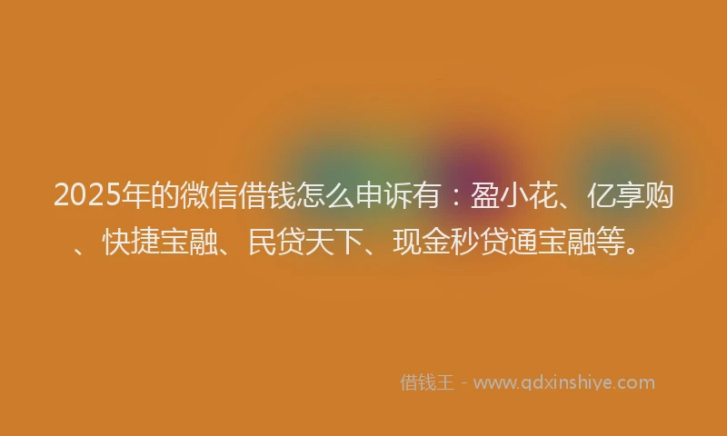 2025年的微信借钱怎么申诉有：盈小花、亿享购、快捷宝融、民贷天下、现金秒贷通宝融等。