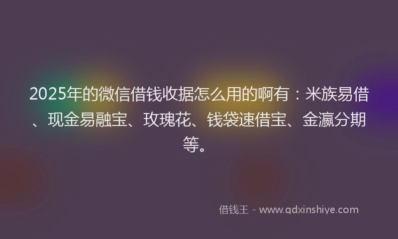 2025年的微信借钱收据怎么用的啊有：米族易借、现金易融宝、玫瑰花、钱袋速借宝、金瀛分期等。